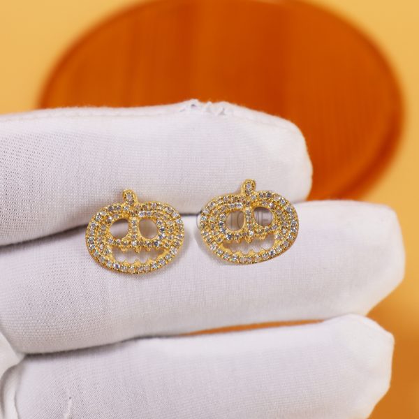 14k Gold Diamond Jack-O-Lantern Earring, 14k gold Jack-O-Lantern Earring, Handmade Gold Diamond Earring Jewelry For Women's