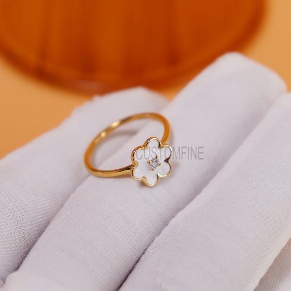 14k Enamel Designer Flower Ring, White Enamel Flower Ring, 14k Gold Ring, 14k Diamond Ring Jewelry For Women's
