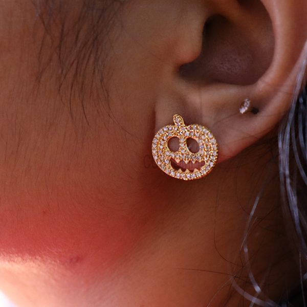 14k Gold Diamond Jack-O-Lantern Earring, 14k gold Jack-O-Lantern Earring, Handmade Gold Diamond Earring Jewelry For Women's