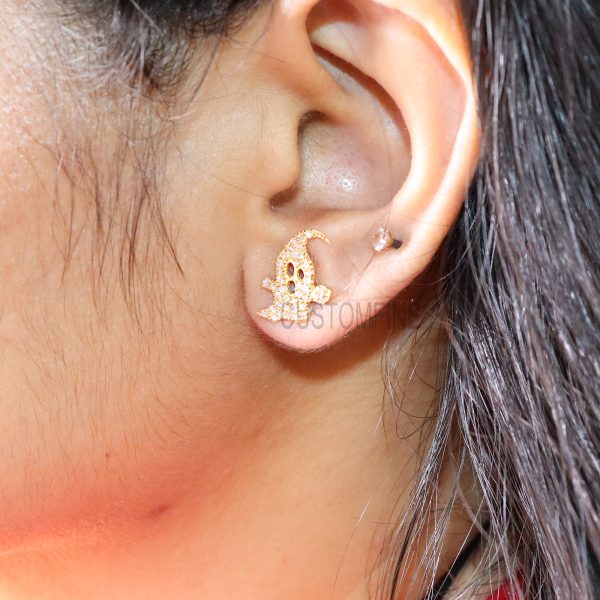 14k Gold Diamond Ghostly Jack-O-Lantern Earring, 14k gold Ghostly Jack-O-Lantern Earring, Handmade Gold Diamond Earring Jewelry For Women's
