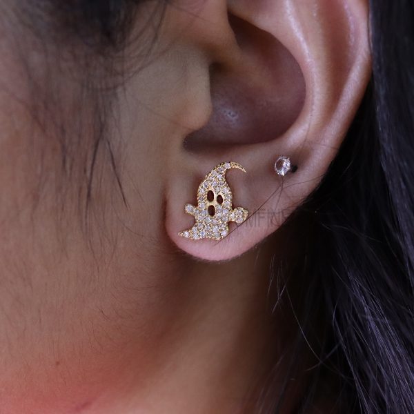 14k Gold Diamond Ghost Earring, 14k gold Ghost Stud Earring, Handmade Gold Diamond Ghost Earring Jewelry For Women's