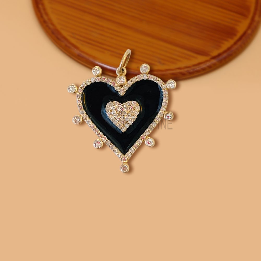 14K Gold Diamond Enamel Heart Necklace, 14K Gold Heart Charms Holder, 14k Gold Diamond Charms Holder, Gold Dainty Heart Pendant
