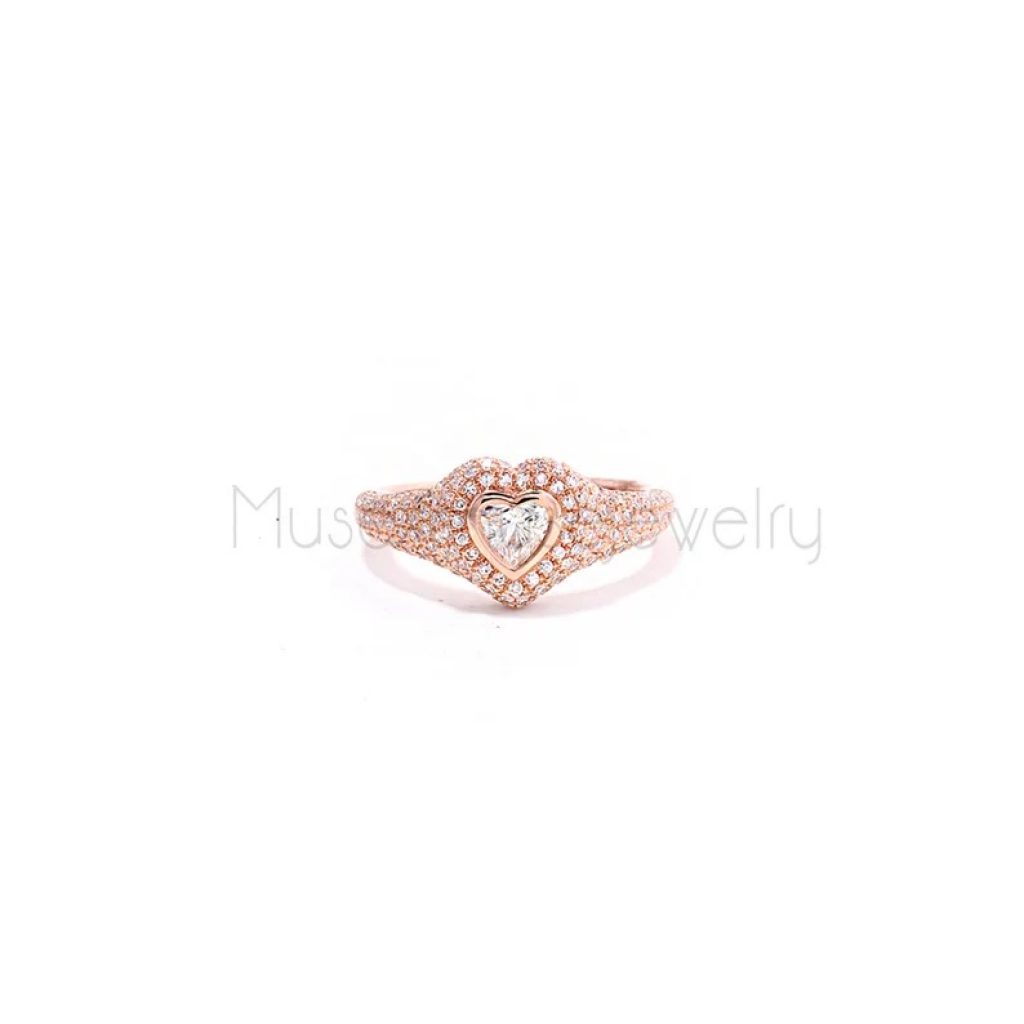 14k Gold Diamond Pave and Diamond Heart Pinky Ring, 14k Gold Diamond Pinky Heart Ring, 14k Gold Pinky Heart Ring, Handmade Pinky Heart Ring