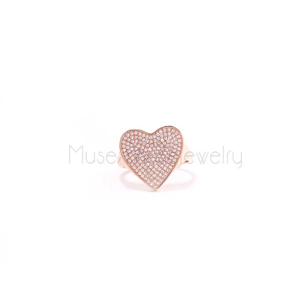 14k Gold Diamond Pave Heart Ring, 14k Gold Heart Ring, 14k Pave Diamond Heart Ring, Handmade Heart Ring