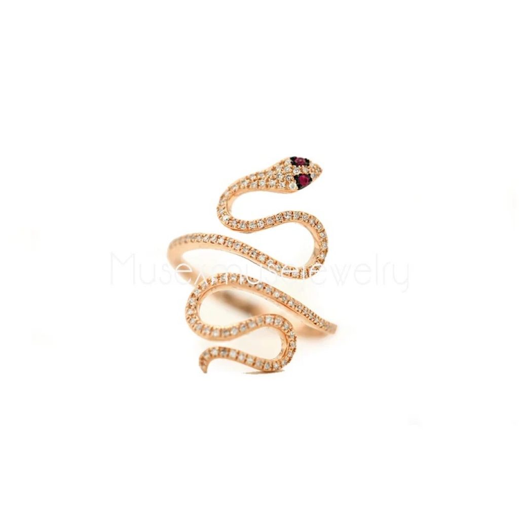 14k Rose Gold Diamond Pave Snake with Ruby Eye Ring, 14k Snake Gold RIng, Snake Gold Diamond Ring Jewelry