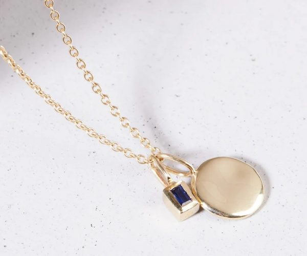 9k Gold Sapphire and Circle Charm Necklace, Gemstone Gold Jewelry, blue sapphire Circle Charm Necklace, Designer Charm Manufacturer