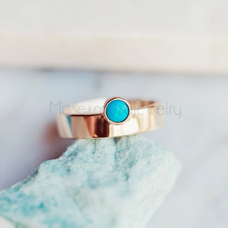 14k Gold Round Offset Turquoise in Bezel with Wide Band Jewelry, 14k Gold Turquoise Band Ring Jewelry
