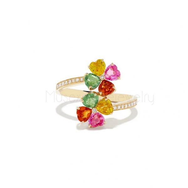 14K Gold Multi Sapphire and Diamond Flower Ring Jewelry, Multi color Heart gemstone handmade Gold Ring Jewelry