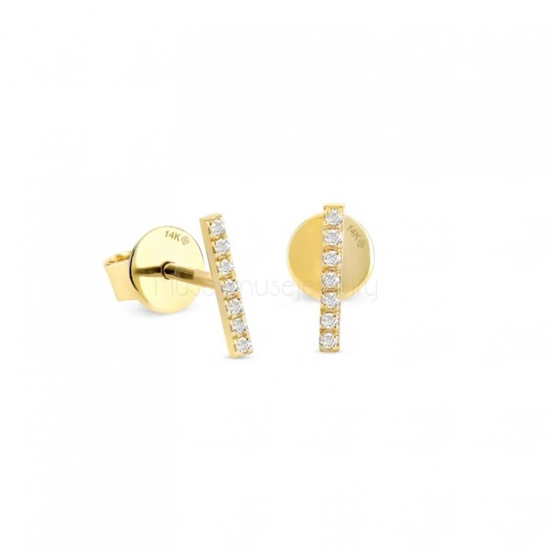Diamond Bar Earrings, 14k Solid Gold Mini Stud, Small Diamond Studs, Minimalist Gold Earrings, Dainty Solid Gold Diamond Earrings