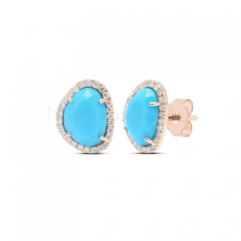 14k Gold Turquoise Diamond Stud Earrings, 14K Gold Sleeping Beauty Turquoise Gemstone Stud Earrings, 14k Turquoise Studs