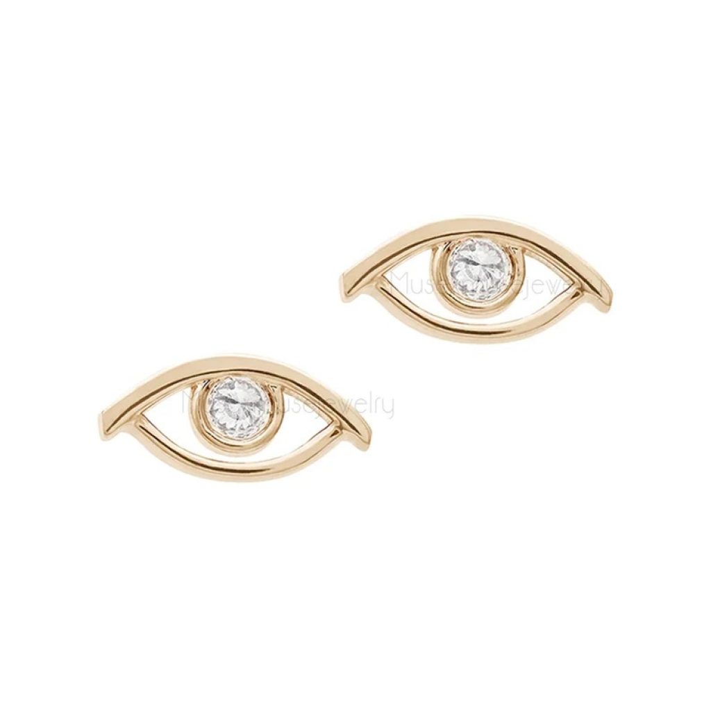 14k Yellow Gold Diamond Evil Eye Stud Earrings Jewelry, 14k Gold Stud, 14k Evil eye Jewelry For Women's