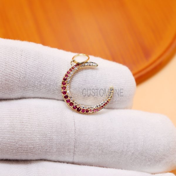 14k Yellow Gold Cresent Half Moon Natural Pave Diamond Handmade Pendant Necklace Charms Jewelry, 14k Gold Ruby Half Moon Charm