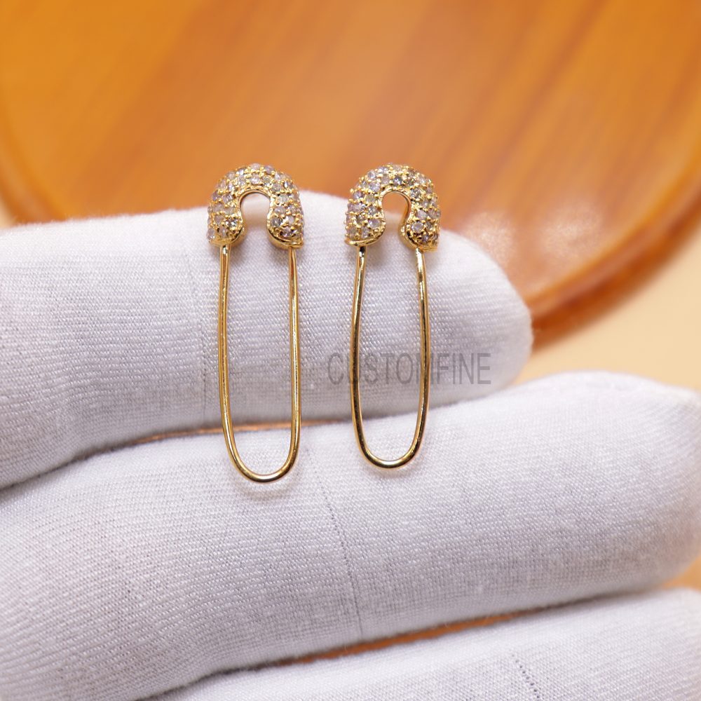 925 Sterling Silver Natural Pave Diamond Safety Pin Shape Earrings, Tiny Safety Pin Stud, Diamond Earrings Gift For Her