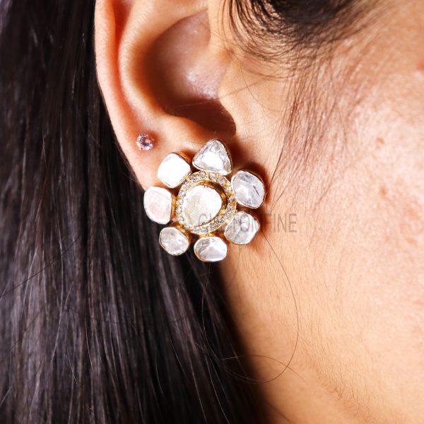 Polki Earrings Jewelry, Sterling Silver Polki Earrings Jewelry, Silver Ploki Earrings, Handmade Polki Stud Earring, Polki Stud for Women's