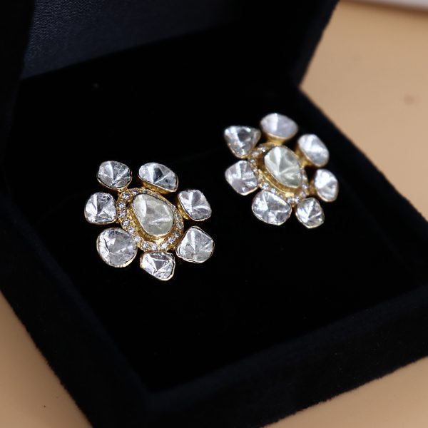 Polki Earrings Jewelry, Sterling Silver Polki Earrings Jewelry, Silver Ploki Earrings, Handmade Polki Stud Earring, Polki Stud for Women's