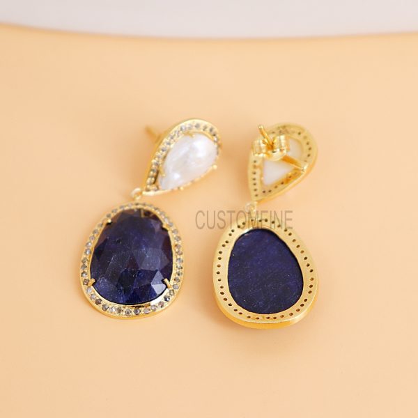 Natural Pave Diamond Pearl Earrings Jewelry, Sterling Silver Blue Sapphire Earrings Jewelry, Silver Pearl Earrings
