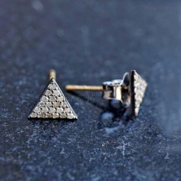 Pave Diamond Earring 925 Sterling Silver Victorian Women Earring Jewelry, Silver Triangle Stud Earrings