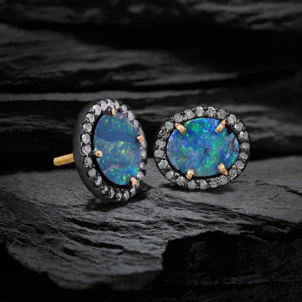 925 Sterling Silver Genuine Pave Diamond Opal Gemstone Handmade Stud Earrings Fashion Jewelry Christmas Gift For Woman