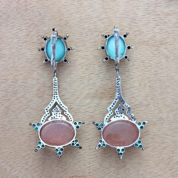925 Sterling Silver Turquoise & Rutile Quartz Pave Diamond Gemstone Dangle Earrings Handmade Fashion Jewelry Wedding Gift For Woman's