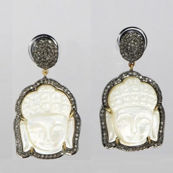 925 Sterling Silver Gemstone Pave Diamond Mother Of Pearl Carving Buddha Earrings Jewelry, Religious Jewelry