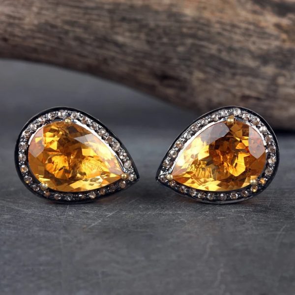 14k Yellow Gold-925 Sterling Silver Pave Diamond Gemstone Citrine Stud Pear Shaped Earrings Handmade Fashion Jewelry Wedding Gift For Her