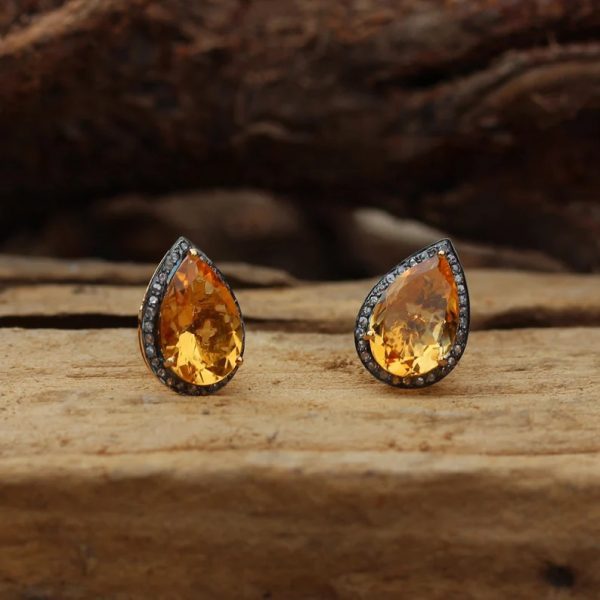 14k Yellow Gold-925 Sterling Silver Pave Diamond Gemstone Citrine Stud Pear Shaped Earrings Handmade Fashion Jewelry Wedding Gift For Her