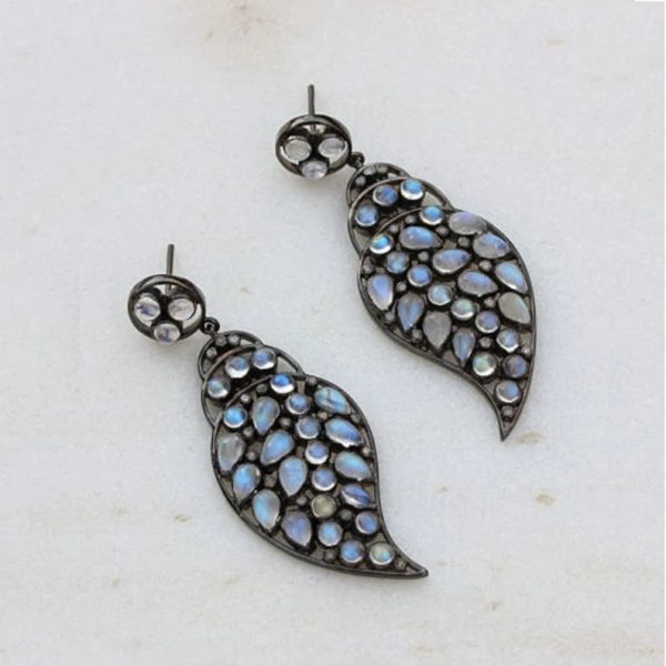 925 Sterling Silver Genuine Pave Diamond Rainbow Moonstone Gemstone Handmade Earrings Fashion Jewelry Christmas Gift For Woman