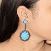 Genuine Certified Pave Diamond Blue Sapphire Turquoise Gemstone Carving Handmade Earrings Silver Fine Jewelry Wedding Gift's