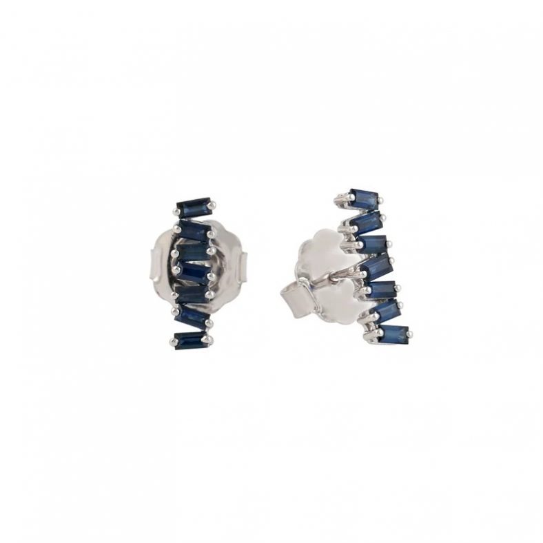 18k White Gold Baguette Blue Sapphire Stud Earring, 18k White Gold Earring, Baguette Blue Sapphire Earring, Handmade 18k White Gold Earring