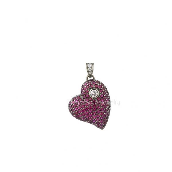 Full Heart Ruby Diamond Pendant Necklace Jewelry, Sterling Silver Designer Heart Shape Pendant Jewelry, Gold Heart Pendant