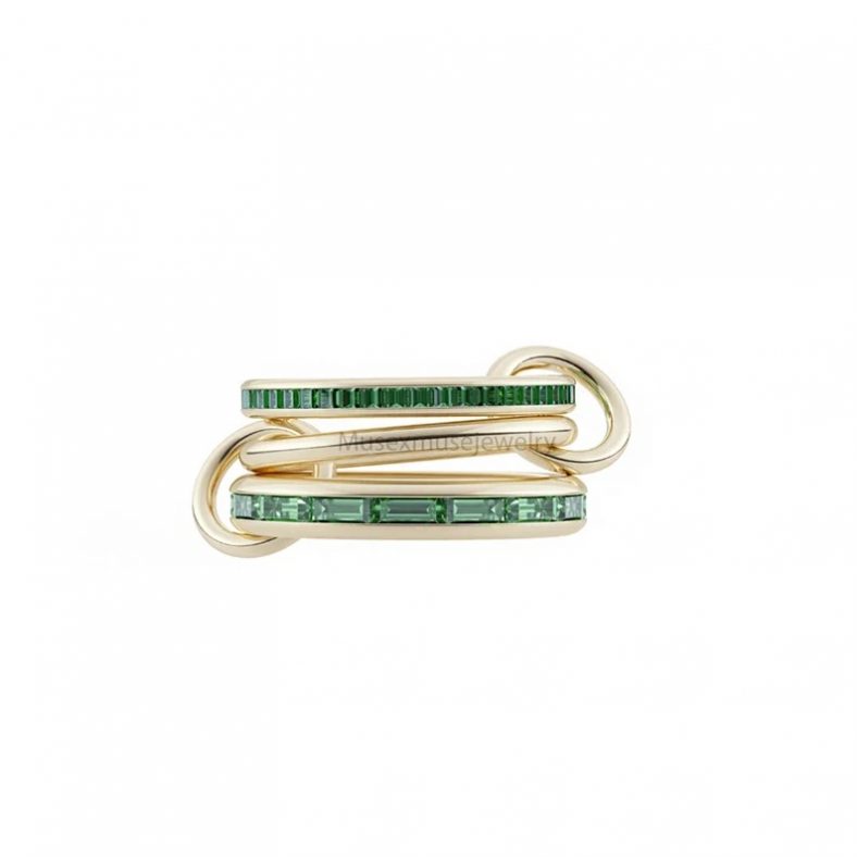 18k Yellow Gold Handmade Emerald Three Connector Band Ring, Emerald Band Ring, three Connector Gold Ring