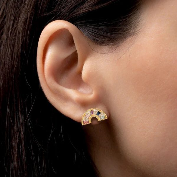 18k Yellow Gold Baguette Sapphire Topaz Rhodolite & Diamond Half Moon Stud Earrings, 18k Gold Earrings