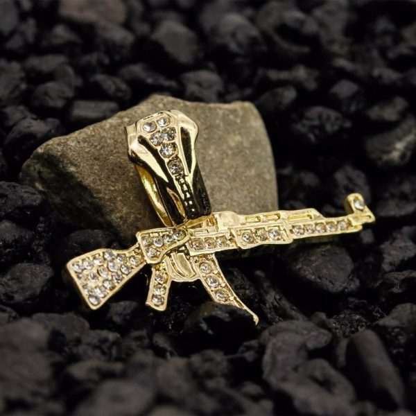 Ak47 Gun Cuerno de Chivo Pendant, Mens Hip Hop 18k Gold Plating 925 Sterling Silver Cz Jewelry Necklace