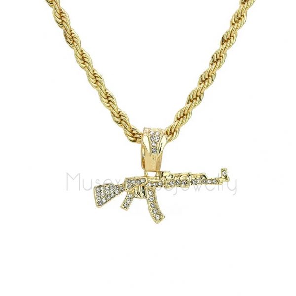 Ak47 Gun Cuerno de Chivo Pendant, Mens Hip Hop 18k Gold Plating 925 Sterling Silver Cz Jewelry Necklace