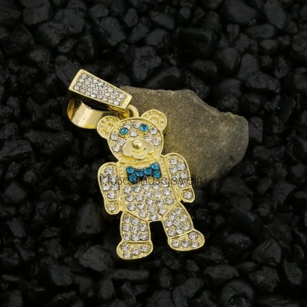 Mini Bowtie Bear Pendant, Men's Hip Hop 18k Gold plating Cz Jewelry, 925 Sterling Silver Teddy Bear Pendant
