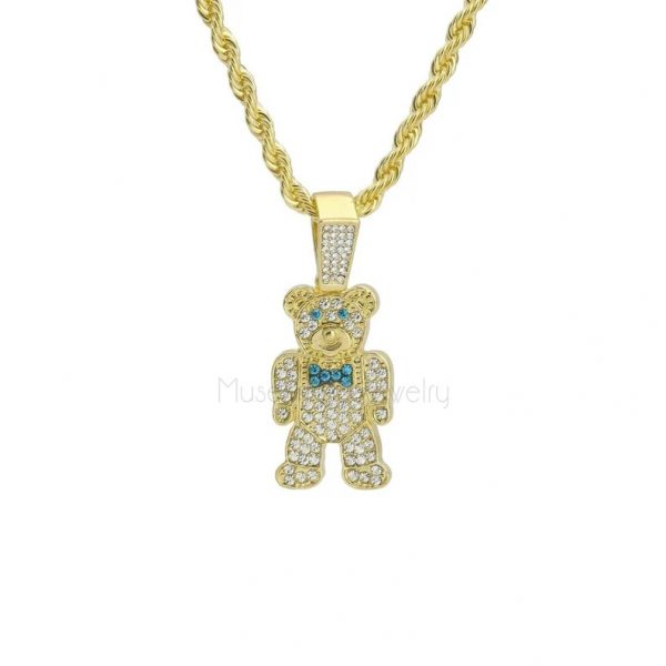 Mini Bowtie Bear Pendant, Men's Hip Hop 18k Gold plating Cz Jewelry, 925 Sterling Silver Teddy Bear Pendant