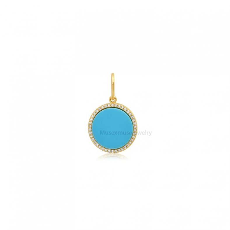 14k Yellow Gold Natural Pave Diamond Turquoise Coin Charm Pendant Jewelry, Gold Round Coin Turquoise Pendant Jewelry