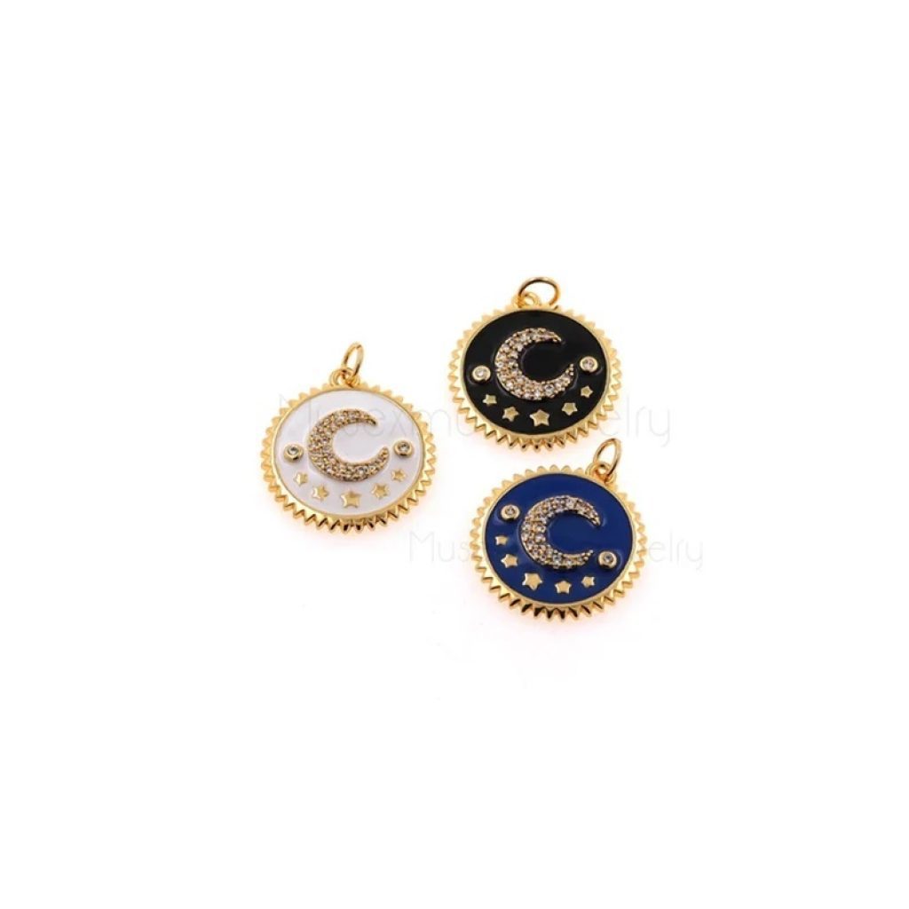 Round Enamel Moon Star Pendant, Sterling Silver Enamel Round Charms Pendant Jewelry, Silver Pendant Jewelry