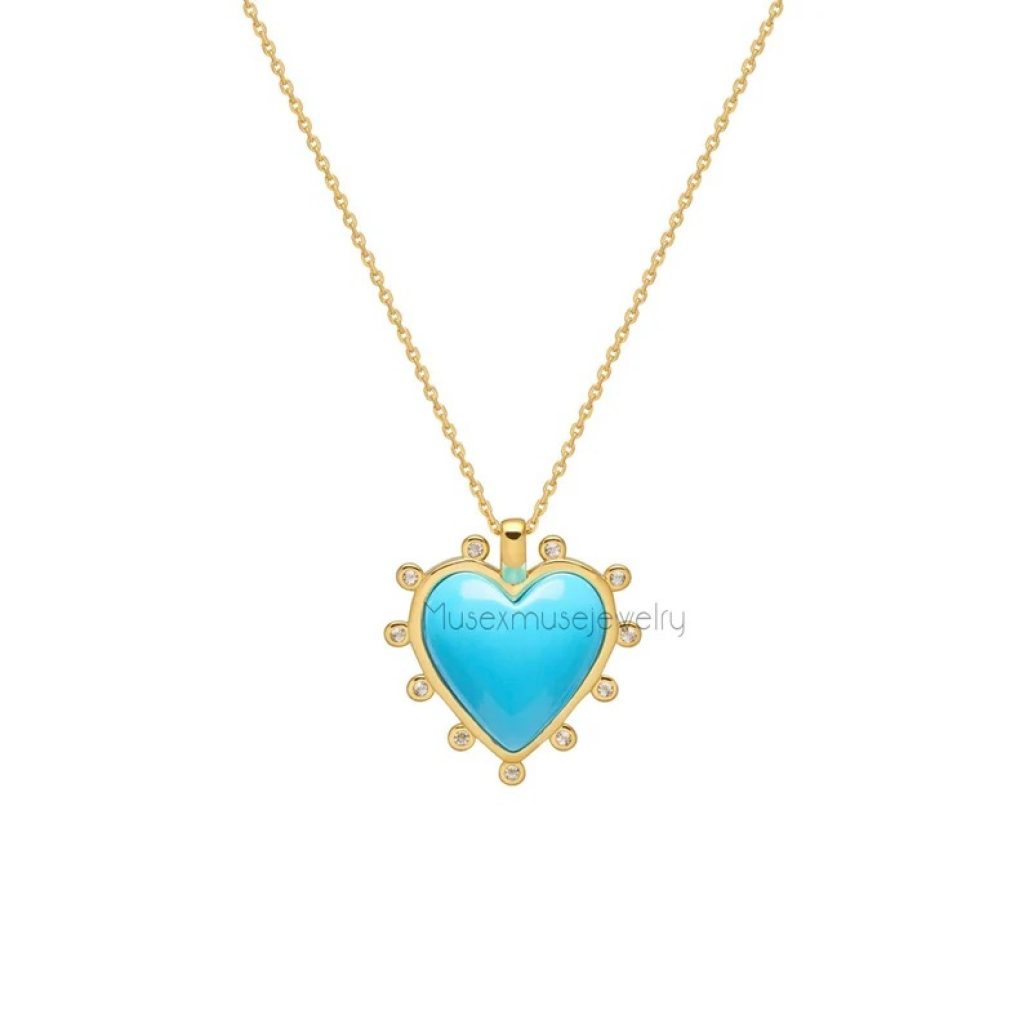 Gemstone Handmade Sterling Silver Pave Diamond Pendant Jewelry, Silver Heart Pendant Necklace Jewelry, Turquoise Heart Pendant