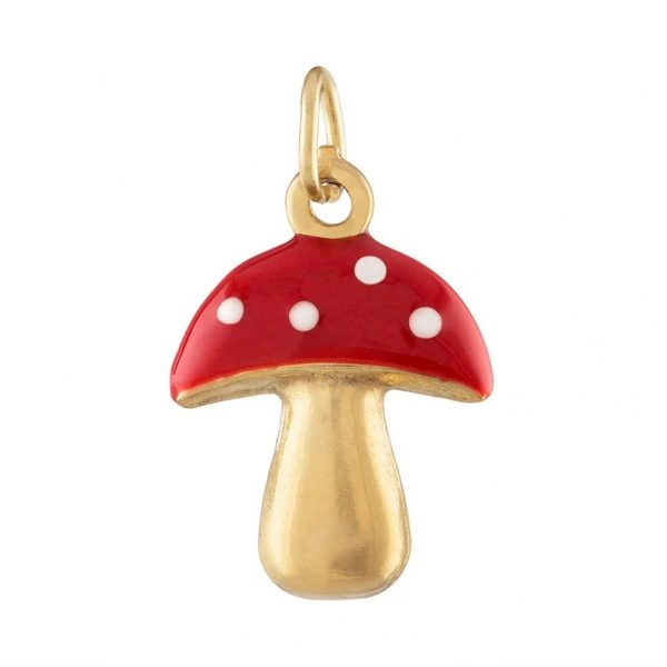 14k Yellow Gold Magic Enamel Mushroom, 14k Gold Designer Mushroom Pendant Jewelry