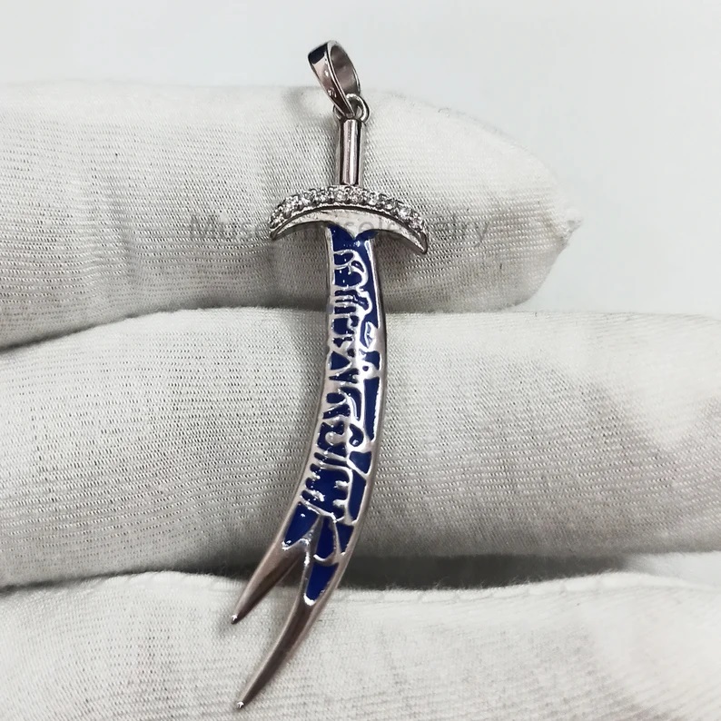Blue Enamel Imam Ali Sword Sterling Silver Pave Diamond Jewelry, Silver Pendant, Diamond Sword Pendant, Sword Silver Pendant