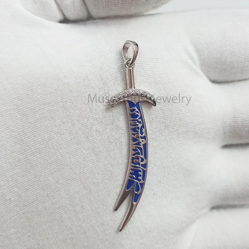 Blue Enamel Imam Ali Sword Sterling Silver Pave Diamond Jewelry, Silver Pendant, Diamond Sword Pendant, Sword Silver Pendant