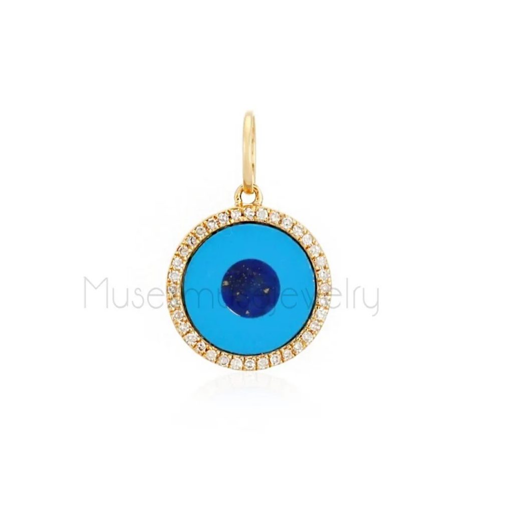 14K Gold Diamond Turquoise Evil Eye Charm Pendant, 14k Gold Charm, Gold Evil Eye Jewelry, Turquoise & Lapis Evil Eye
