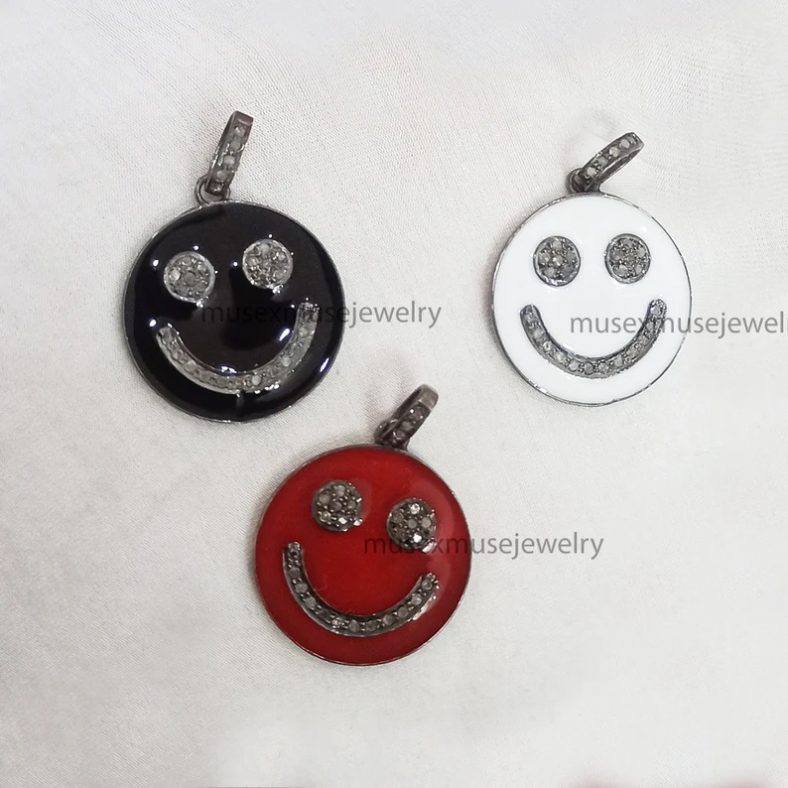 Enamel Handmade Sterling Silver Smiley Face Shape Pave Diamond Pendant Jewelry, Silver Emoji Enamel Pendant Jewelry
