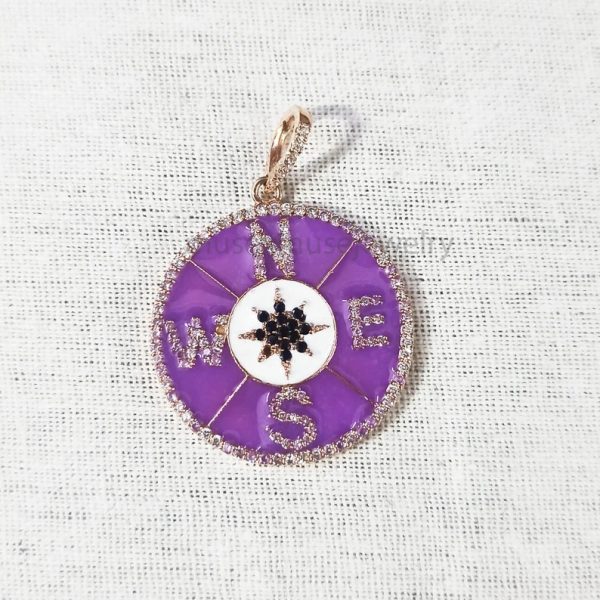 Purple Enamel Compass Necklace Charm, Silver Compass Pendant Jewelry, 925 Silver Enamel Compass Pendant Jewelry