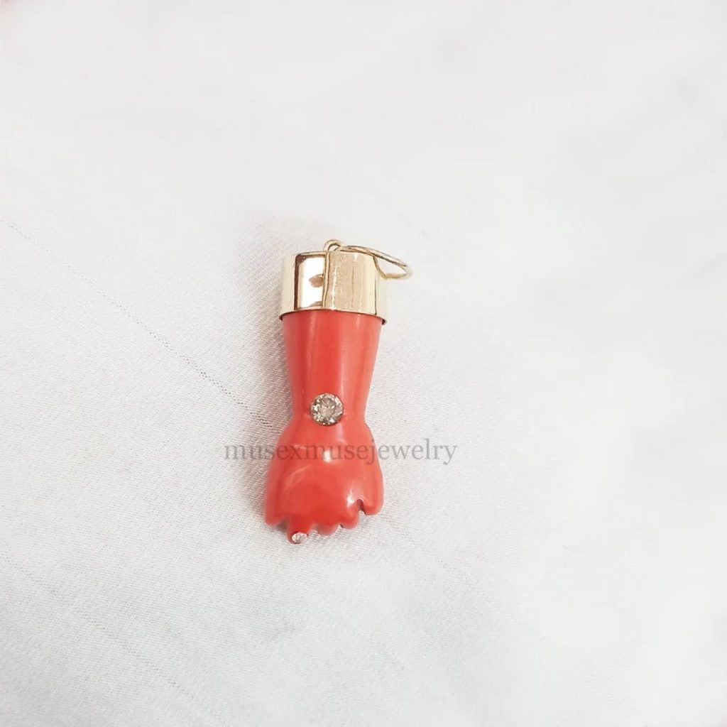 Sterling Silver Red Coral Figa Hand Charm Pendant,Figa Pendant, Figa Hand Charms Necklace, Gemstone Figa Pendant Jewelry