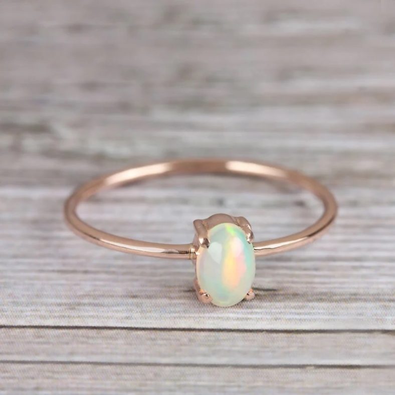 14k Rose Gold Opal Gemstone Stackable Minimalist Ring Handmade Fine Jewelry Wedding, Birthday Gift For Her
