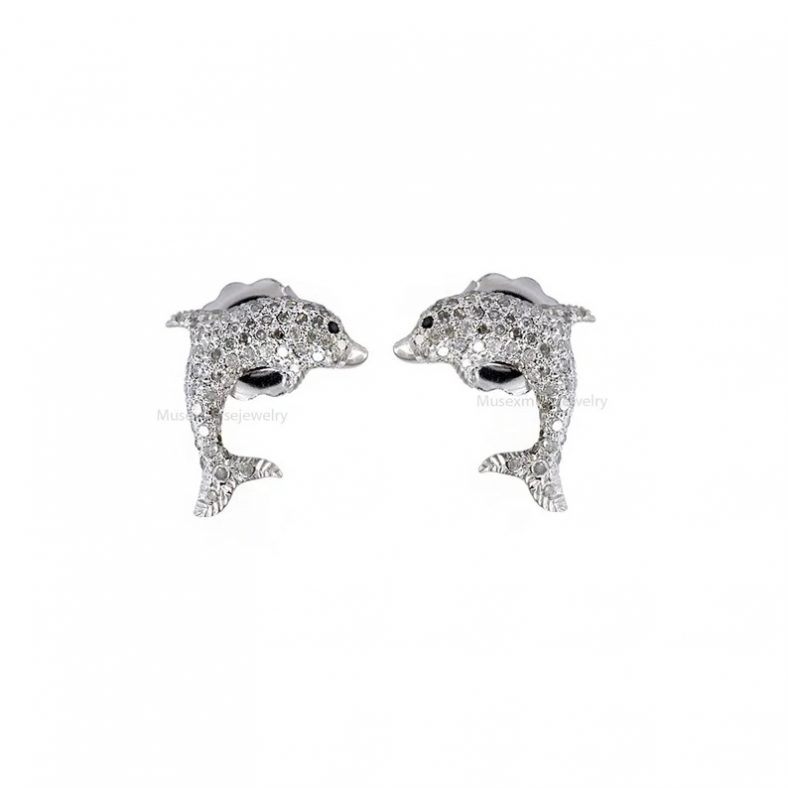 Natural Pave Diamond Dolphin Stud Earrings 925 Sterling Silver Handmade Jewelry Gift For Women's