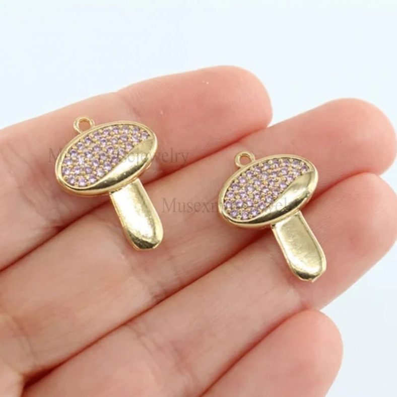 Gold Plating Diamond Magic Mushroom Pendant , Pave Charm, Cubic Zircon Mushroom Charms, Earring Charms