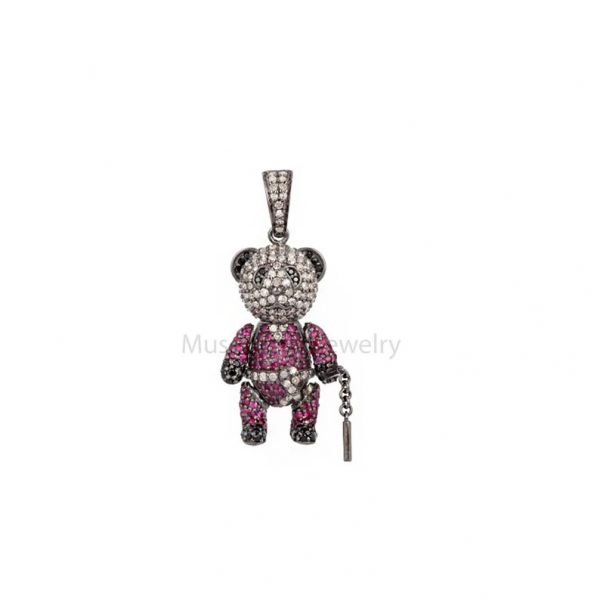 Natural Pave Diamond Teddy Handmade Sterling Silver Pendant Necklace Jewelry, Ruby Teddy Pendant, Diamond eddy Bear Pendant Jewelry